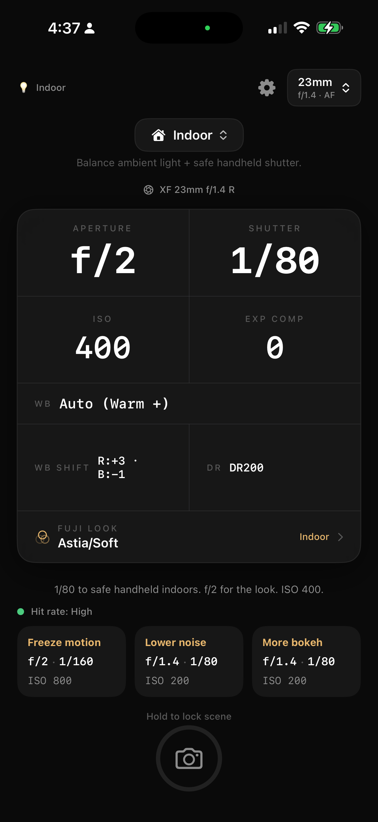 FujiPilot main screen with exposure recommendation cards.