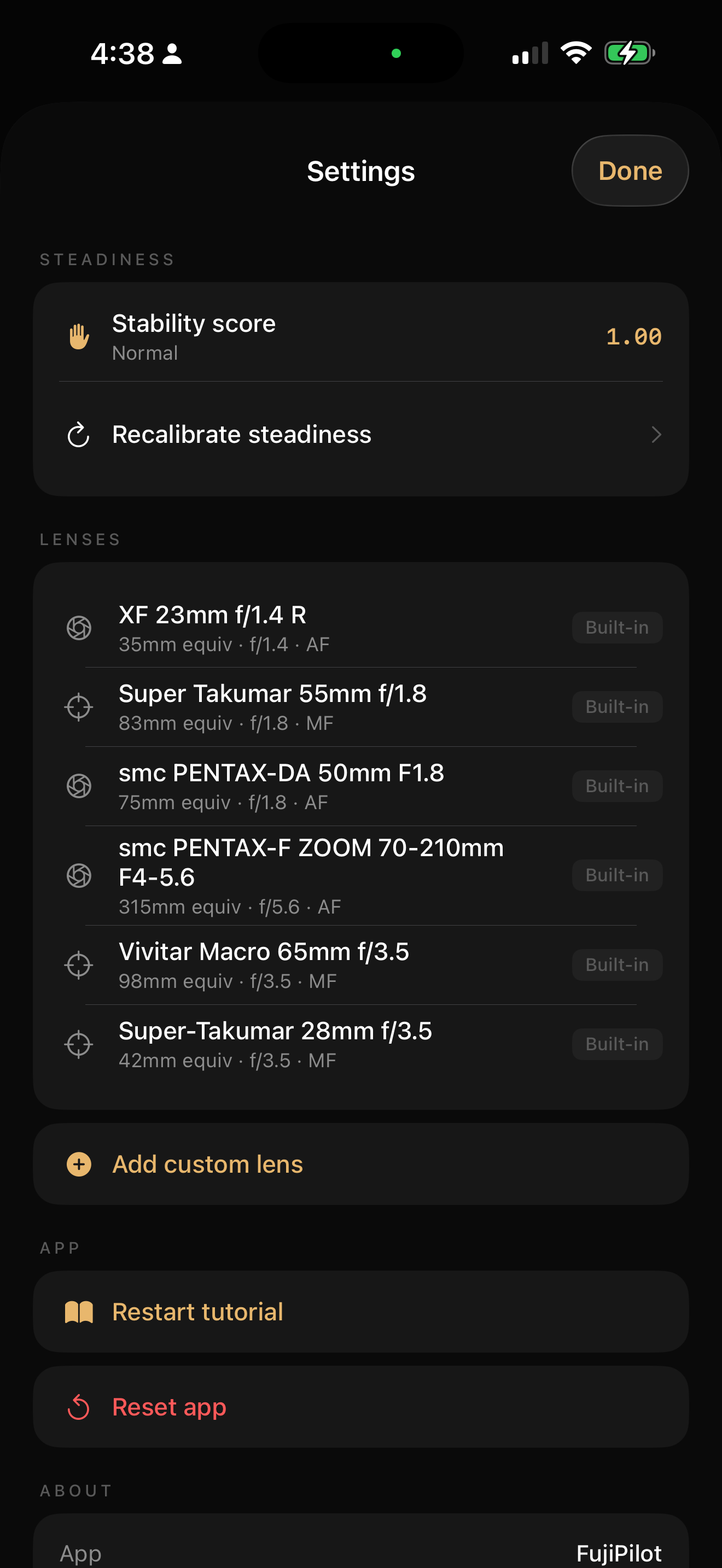 FujiPilot custom recipe and mode controls.