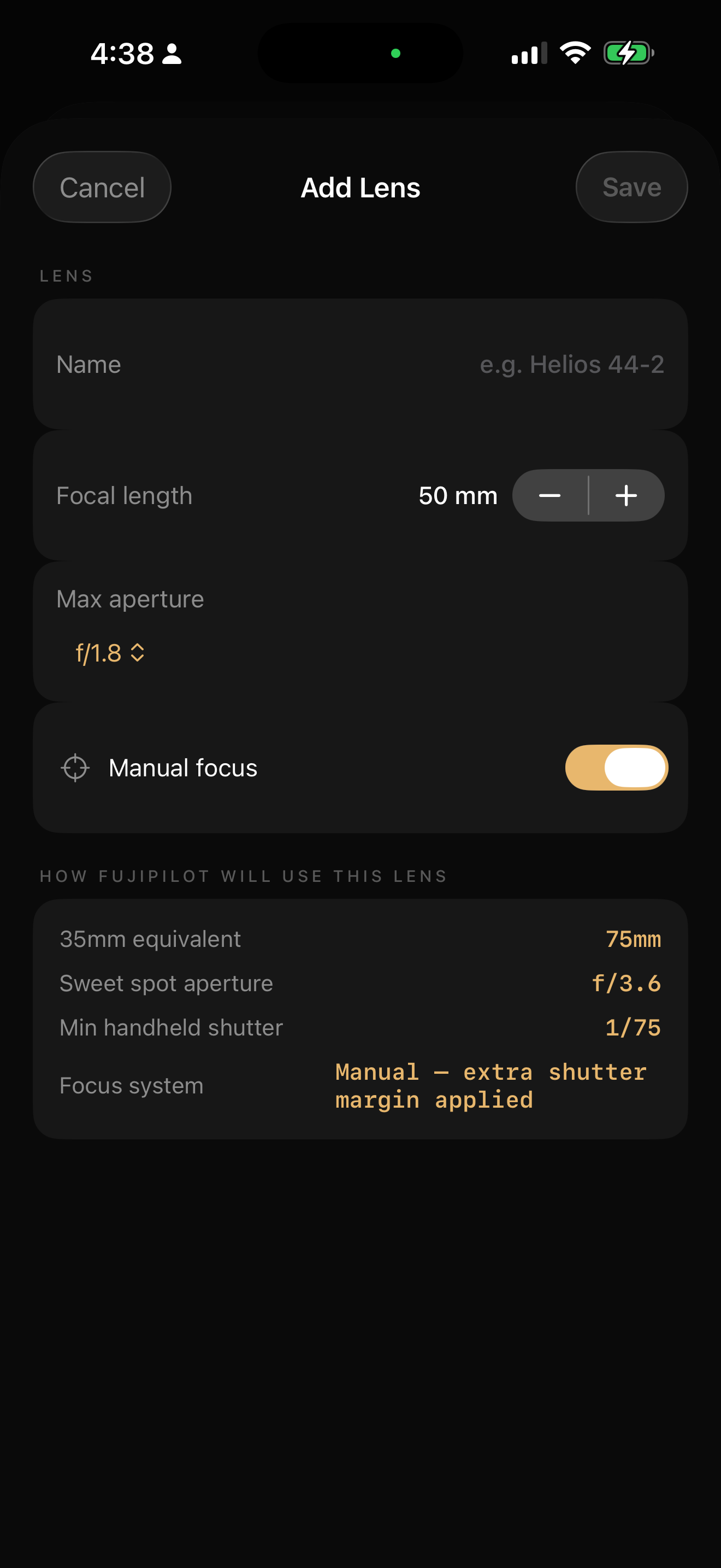 FujiPilot settings and support/privacy links.